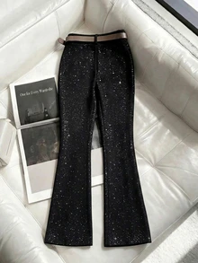 GlowEve Women's Shiny Straight Leg Elegant Commuter Trousers - Black - View 2