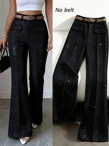 GlowEve Women's Shiny Straight Leg Elegant Commuter Trousers - Black - View 1