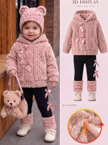 SHEIN Playful Pals 2件組女嬰冬季新款套裝，毛絨小麥提花灰粉色長袖連帽衛衣配蝴蝶結裝飾，修身長褲配毛絨褲腳，拼色簡約時尚百搭可愛休閒上學保暖套裝 - 藕粉色 - 查看 2