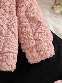 SHEIN Playful Pals 2件組女嬰冬季新款套裝，毛絨小麥提花灰粉色長袖連帽衛衣配蝴蝶結裝飾，修身長褲配毛絨褲腳，拼色簡約時尚百搭可愛休閒上學保暖套裝 - 藕粉色 - 查看 5