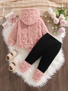 SHEIN Playful Pals 2件組女嬰冬季新款套裝，毛絨小麥提花灰粉色長袖連帽衛衣配蝴蝶結裝飾，修身長褲配毛絨褲腳，拼色簡約時尚百搭可愛休閒上學保暖套裝 - 藕粉色 - 查看 3
