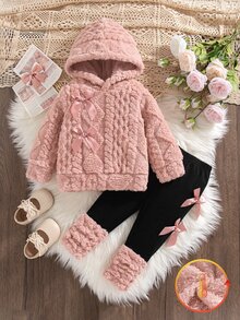 SHEIN Playful Pals 2件組女嬰冬季新款套裝，毛絨小麥提花灰粉色長袖連帽衛衣配蝴蝶結裝飾，修身長褲配毛絨褲腳，拼色簡約時尚百搭可愛休閒上學保暖套裝 - 藕粉色 - 查看 4