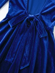 Selianne Women's Vintage Elegant Flocked Long Sleeve Pocket Dress - Blue - View 5