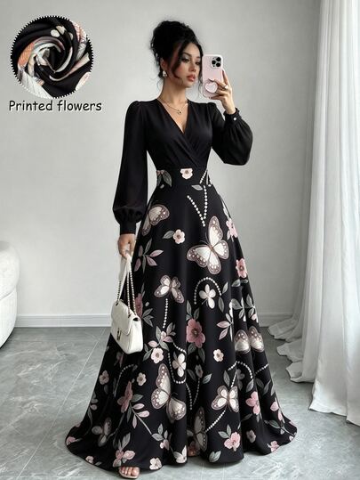 Elenzga Women's Spring/Autumn Minimalist Elegant Chic Date Bar Party After Party Dinner Commute Black Floral V-Neck Puff Sleeve Pearl Button Dress
