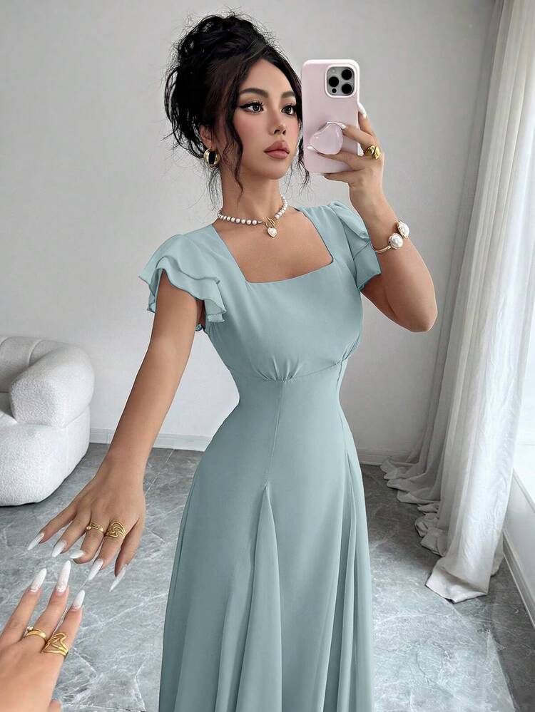 Modelyn Women's Design Square Neck Split Triangle Mid-Length Dress - Blue - View 6