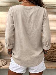 EMERY ROSE Women's Woven Casual V-Neck Fall Blouse - Apricot - View 2