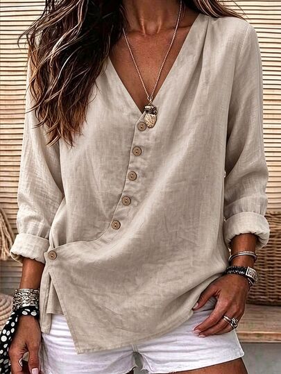 EMERY ROSE Women's Woven Casual V-Neck Fall Blouse