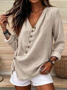 EMERY ROSE Women's Woven Casual V-Neck Fall Blouse - Apricot - View 4