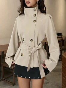 Aloruh 卡其色收腰短款女款風衣，適合秋冬穿搭 - 卡其色 - 查看 8