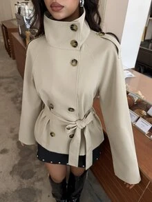 Aloruh 卡其色收腰短款女款風衣，適合秋冬穿搭 - 卡其色 - 查看 10