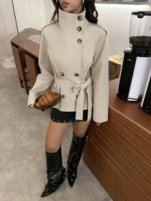 Aloruh 卡其色收腰短款女款風衣，適合秋冬穿搭 - 卡其色 - 查看 6