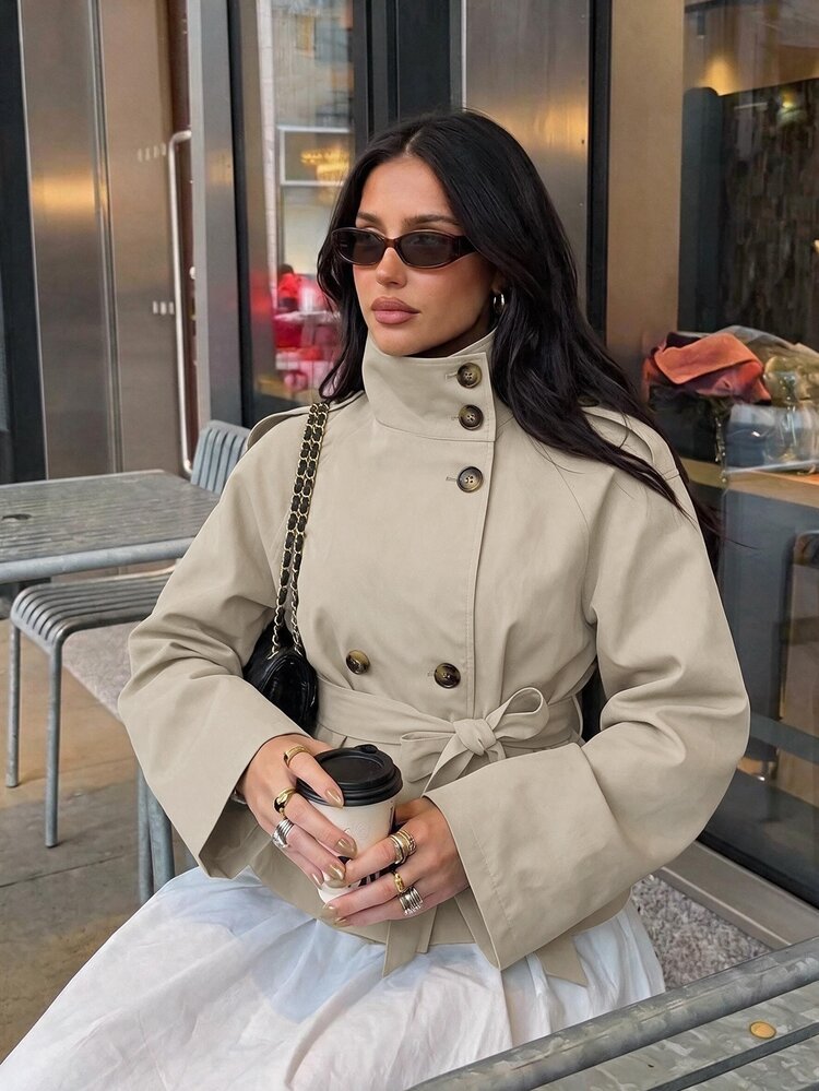 Aloruh Khaki Cinched Waist Waist Short Women's Trench Coat, Versatile For Autumn/Winter,Fall - Khaki - View 5