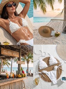 SHEIN Swim 2pcs Women Elegant Solid Color Halter Spaghetti Strap Swimwear With 3D Floral Decor, Beach Vacation Style For Summer - White - View 1