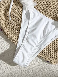 SHEIN Swim 2pcs Women Elegant Solid Color Halter Spaghetti Strap Swimwear With 3D Floral Decor, Beach Vacation Style For Summer - White - View 7