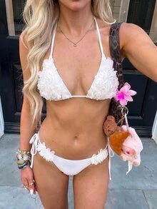 SHEIN Swim 2pcs Women Elegant Solid Color Halter Spaghetti Strap Swimwear With 3D Floral Decor, Beach Vacation Style For Summer - White - View 3