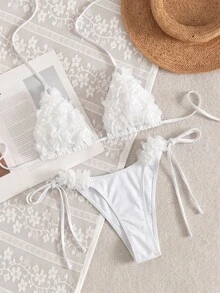 SHEIN Swim 2pcs Women Elegant Solid Color Halter Spaghetti Strap Swimwear With 3D Floral Decor, Beach Vacation Style For Summer - White - View 6