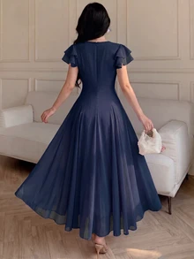 Modelyn 女款設計師方領開衩三角中長洋裝 - 藍色 - 查看 2