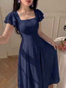 Modelyn 女款設計師方領開衩三角中長洋裝 - 藍色 - 查看 3