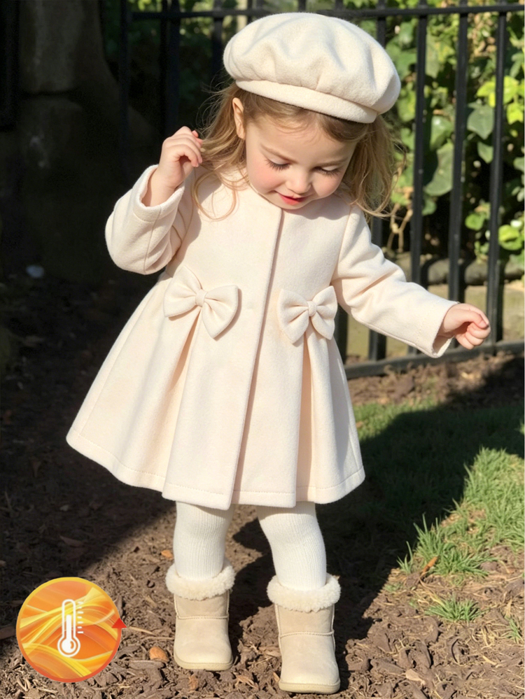SHEIN Baby Girl Autumn/Winter Elegant Minimalist Bowknot Apricot Overcoat And Hat Set, Overcoat, Apricot Jacket Suitable For Outdoor Activities And Daily Wear - Apricot - View 6