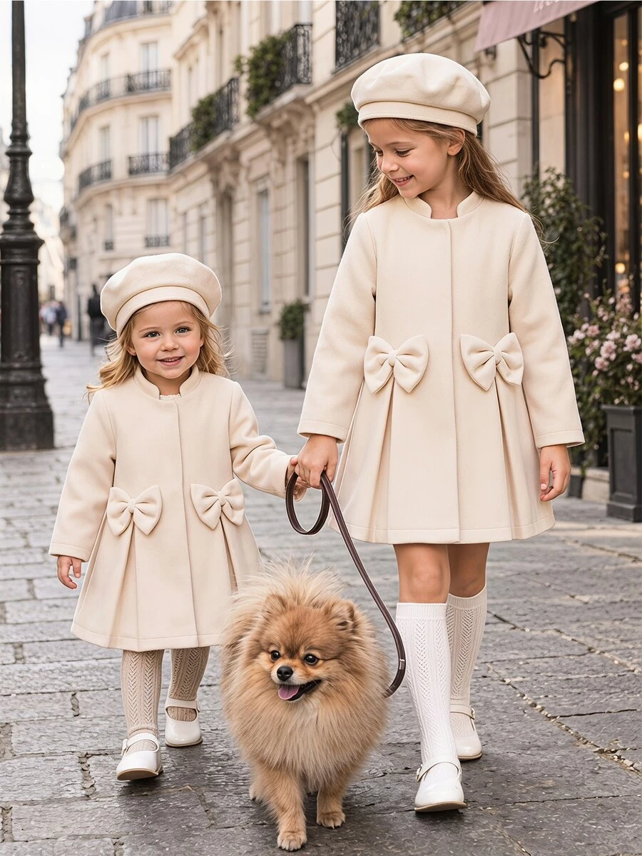 SHEIN Baby Girl Autumn/Winter Elegant Minimalist Bowknot Apricot Overcoat And Hat Set, Overcoat, Apricot Jacket Suitable For Outdoor Activities And Daily Wear - Apricot - View 1