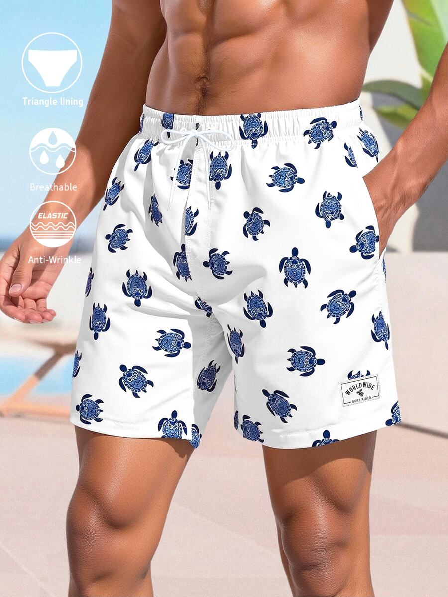 CoralVoy Men's Summer Vacation Style Full Print Sea Turtle Drawstring Waist Slant Pocket Beach Shorts, Holiday - White - View 1