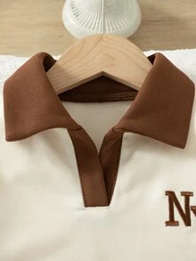 SHEIN Genkimix Kids 2件組女童幼兒套裝，復古休閒風字母刺繡工藝，對比色翻領半拉鍊長袖上衣，側條紋設計搭配 - 杏色 - 查看 6