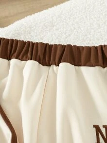 SHEIN Genkimix Kids 2件組女童幼兒套裝，復古休閒風字母刺繡工藝，對比色翻領半拉鍊長袖上衣，側條紋設計搭配 - 杏色 - 查看 4