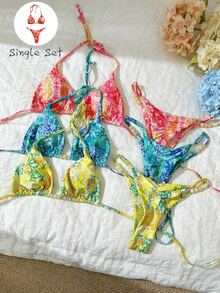 Elavelle 春假女士纯色吊带性感比基尼泳装套装，可调节比基尼印花比基尼套装，可调节比基尼下装，系带比基尼上装，女士比基尼套装 - 玫瑰紅 - 查看 2