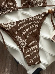 Sunnyshic 女款海灘套裝，彩色特殊面料掛脖細肩帶上衣搭配側綁帶三角比基尼泳褲泳衣 - 咖啡棕 - 查看 8