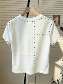 Resyla [Printed Design] Recommended Hot-Selling Style, American Simple Style Heavy Metal Rivet Stitching Women's Round Neck T-Shirt, Suitable For Daily Shopping, Dating And School Casual Wear, Clean, Refreshing And Versatile Summer Style - Multicolor - View 2