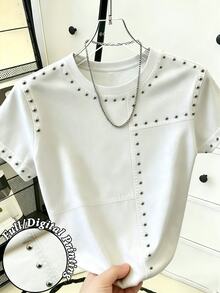 Resyla [Printed Design] Recommended Hot-Selling Style, American Simple Style Heavy Metal Rivet Stitching Women's Round Neck T-Shirt, Suitable For Daily Shopping, Dating And School Casual Wear, Clean, Refreshing And Versatile Summer Style - Multicolor - View 1