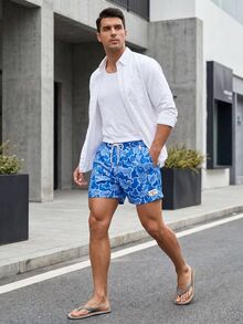 Manfinity VDAYZ Men's Casual Camouflage Print 2 Pockets With Lining Breathbale Beach Shorts, Holiday - Blue - View 3