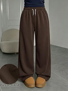 SHEIN Sparklyn Teen Girls Curved Leg Loose Plum Color Sweatpants, Casual Cute Baggy Fashion All-Match Versatile Sports Long Pants, Beach Cycling Summer - Coffee Brown - View 1