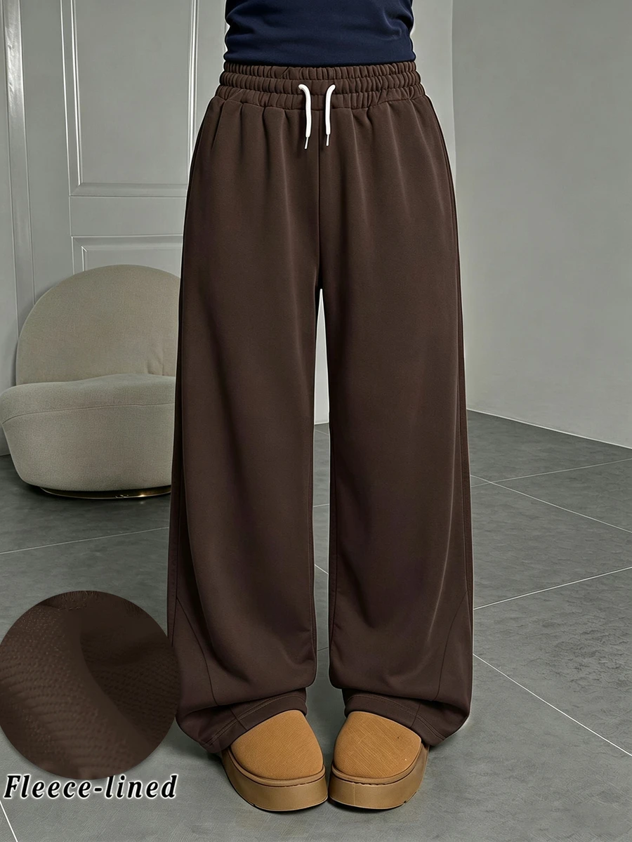 SHEIN Sparklyn Teen Girls Curved Leg Loose Plum Color Sweatpants, Casual Cute Baggy Fashion All-Match Versatile Sports Long Pants, Beach Cycling Summer - Coffee Brown - View 1