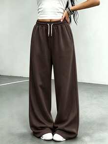 SHEIN Sparklyn Teen Girls Curved Leg Loose Plum Color Sweatpants, Casual Cute Baggy Fashion All-Match Versatile Sports Long Pants, Beach Cycling Summer - Coffee Brown - View 2