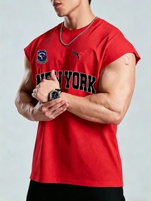 Voltform Reflective Line Minimalist Print Fitness Sleeveless Tank Top Men's Sports Muscle Training Running Loose Fit T-Shirt, Gym,Feel,Sporty Style - Red - View 3