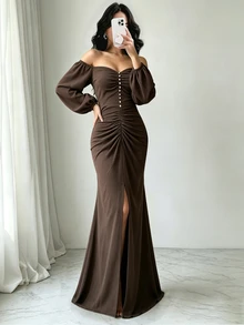 Elenzga Women's Solid Color Off-Shoulder Lantern Sleeve Pleated Slit Hem Elegant Dress - Brown - View 5