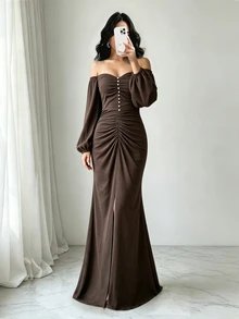 Elenzga Women's Solid Color Off-Shoulder Lantern Sleeve Pleated Slit Hem Elegant Dress - Brown - View 3