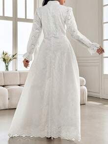Modelyn Women's French Stand Collar Puff Sleeve Dress With Drape Design Fall Cloth For Women - White - View 2
