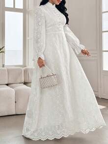 Modelyn Women's French Stand Collar Puff Sleeve Dress With Drape Design Fall Cloth For Women - White - View 5