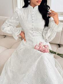 Modelyn Women's French Stand Collar Puff Sleeve Dress With Drape Design Fall Cloth For Women - White - View 6