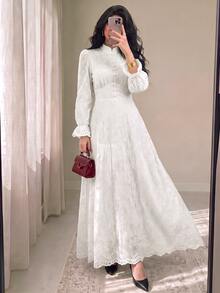 Modelyn Women's French Stand Collar Puff Sleeve Dress With Drape Design Fall Cloth For Women - White - View 1