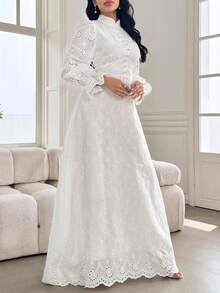 Modelyn Women's French Stand Collar Puff Sleeve Dress With Drape Design Fall Cloth For Women - White - View 4
