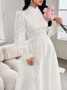 Modelyn Women's French Stand Collar Puff Sleeve Dress With Drape Design Fall Cloth For Women - White - View 3