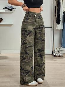 SHEIN Tall 女款高個子休閒百搭設計高腰直筒牛仔褲 - 軍綠色 - 查看 5