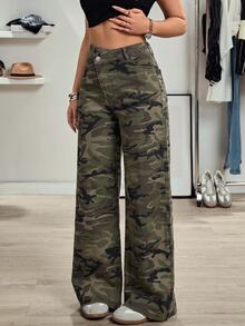 SHEIN Tall 女款高個子休閒百搭設計高腰直筒牛仔褲 - 軍綠色 - 查看 3