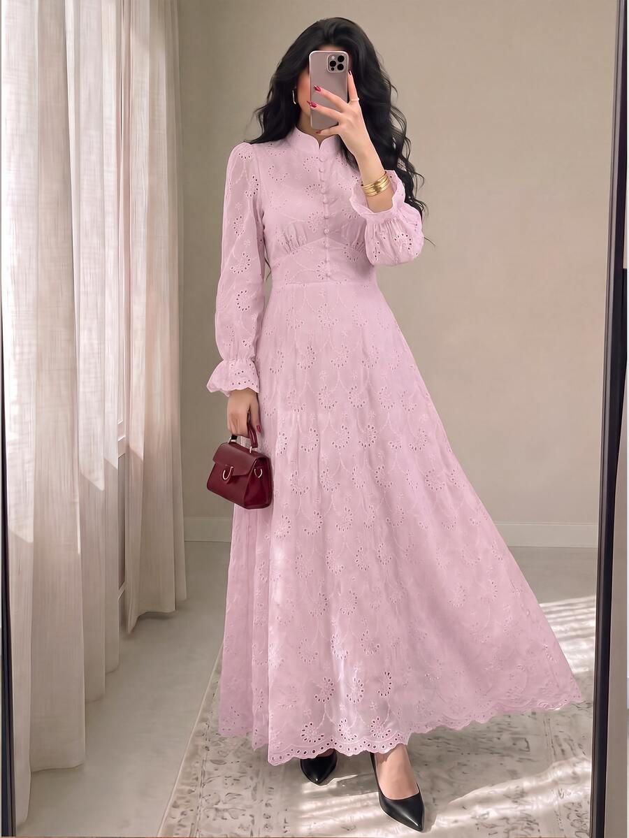 Modelyn Women's French Collar Puff Sleeve Dress - Pink - View 1