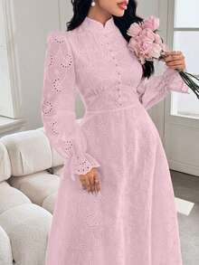 Modelyn Women's French Collar Puff Sleeve Dress - Pink - View 6