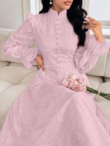 Modelyn Women's French Collar Puff Sleeve Dress - Pink - View 5