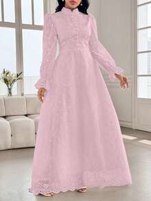 Modelyn Women's French Collar Puff Sleeve Dress - Pink - View 4